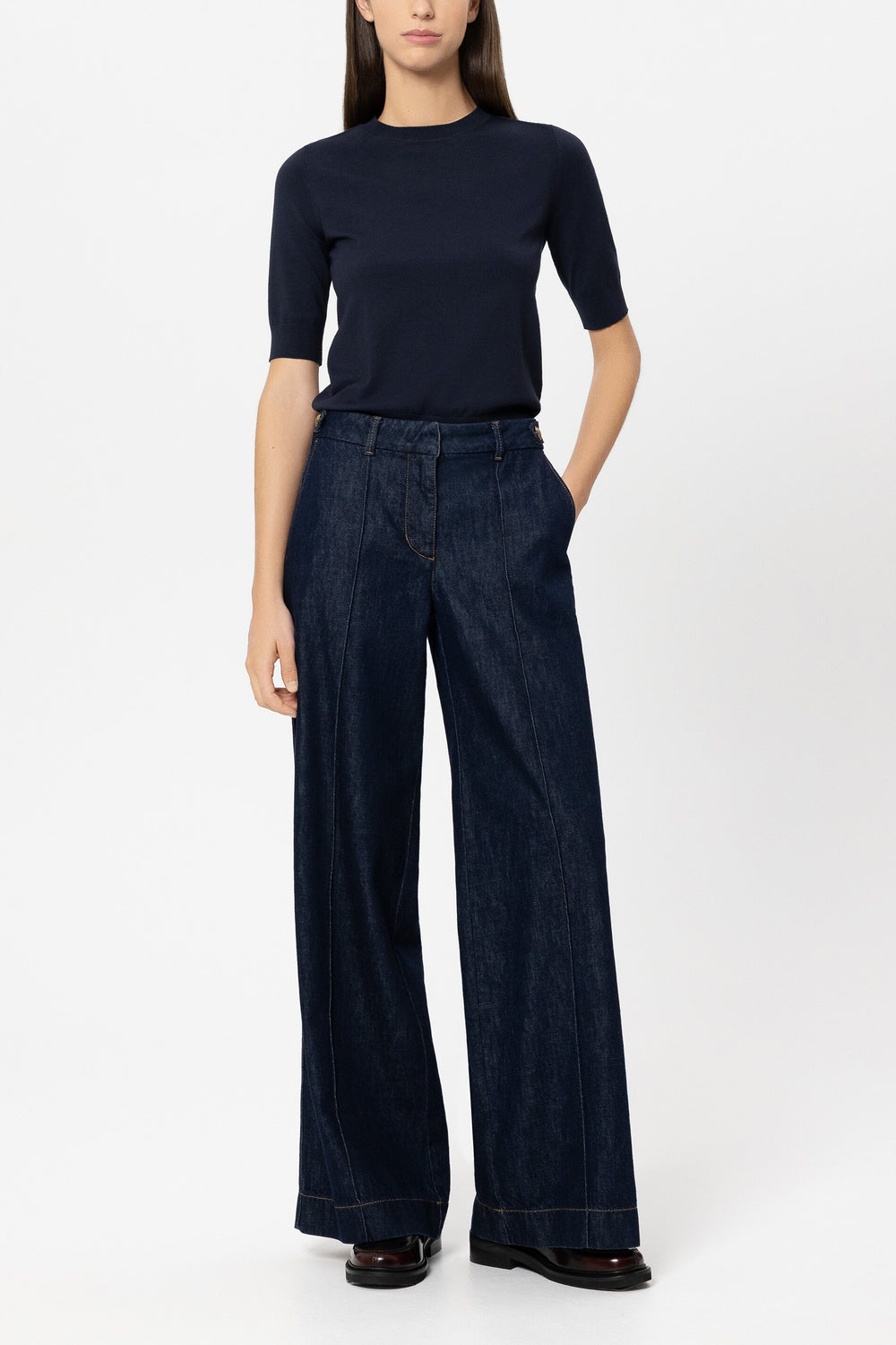 Halbarm-Feinstrick-Pullover - navy blue - Standard