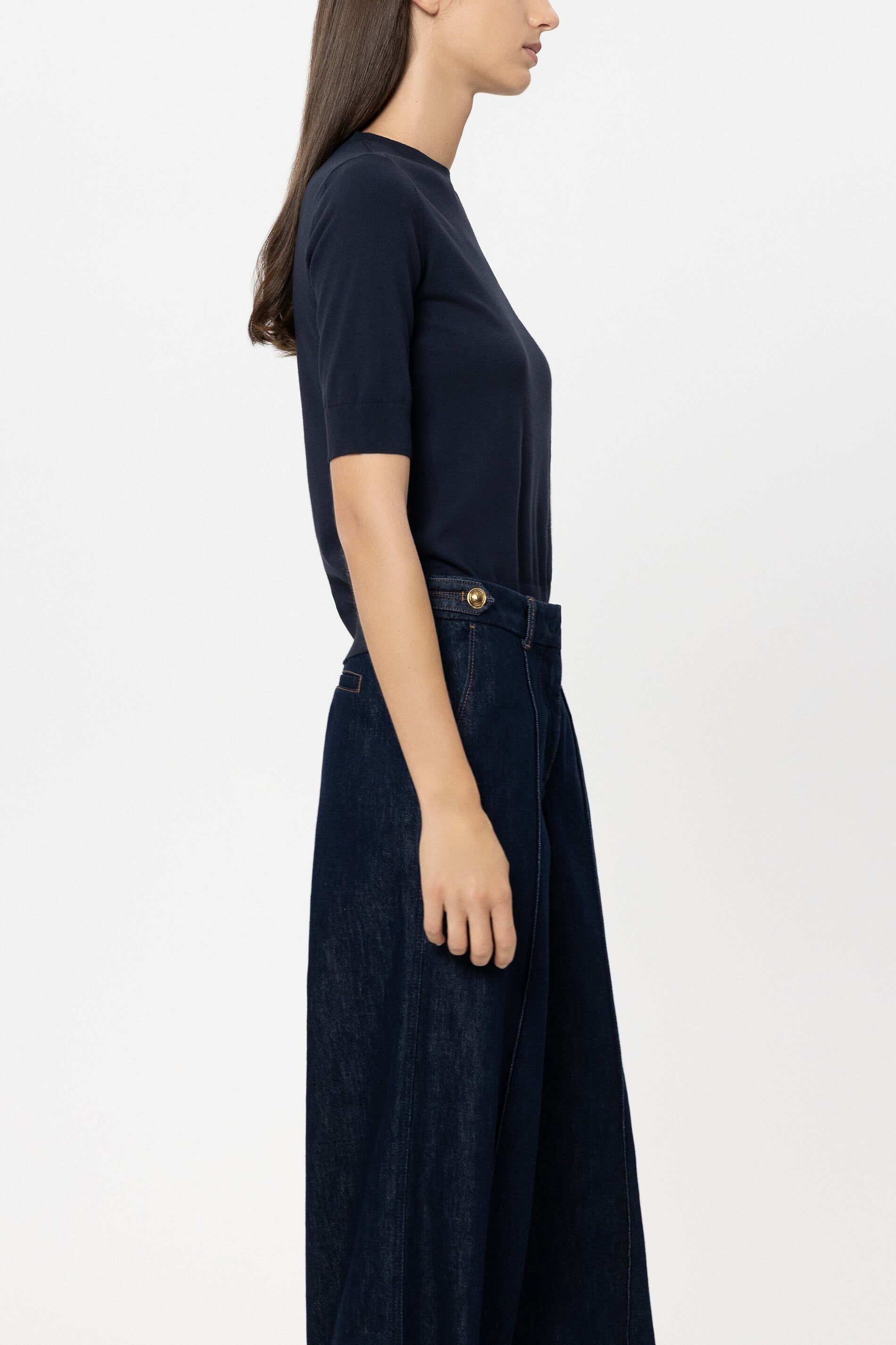 Half-sleeve fine knit sweater - navy blue - Standard