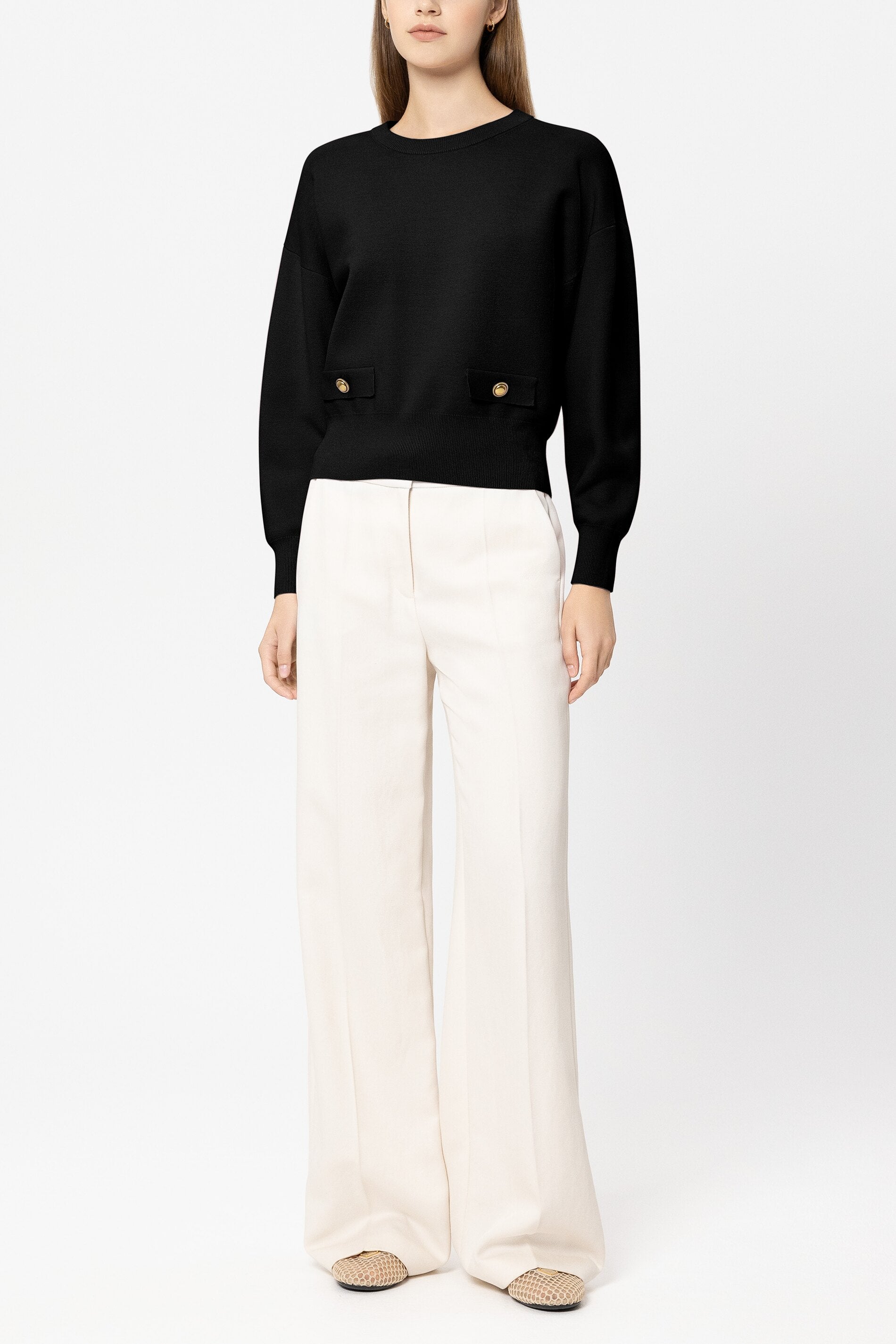 Langarm-Feinstrick-Pullover - pure black - Standard | Model Front