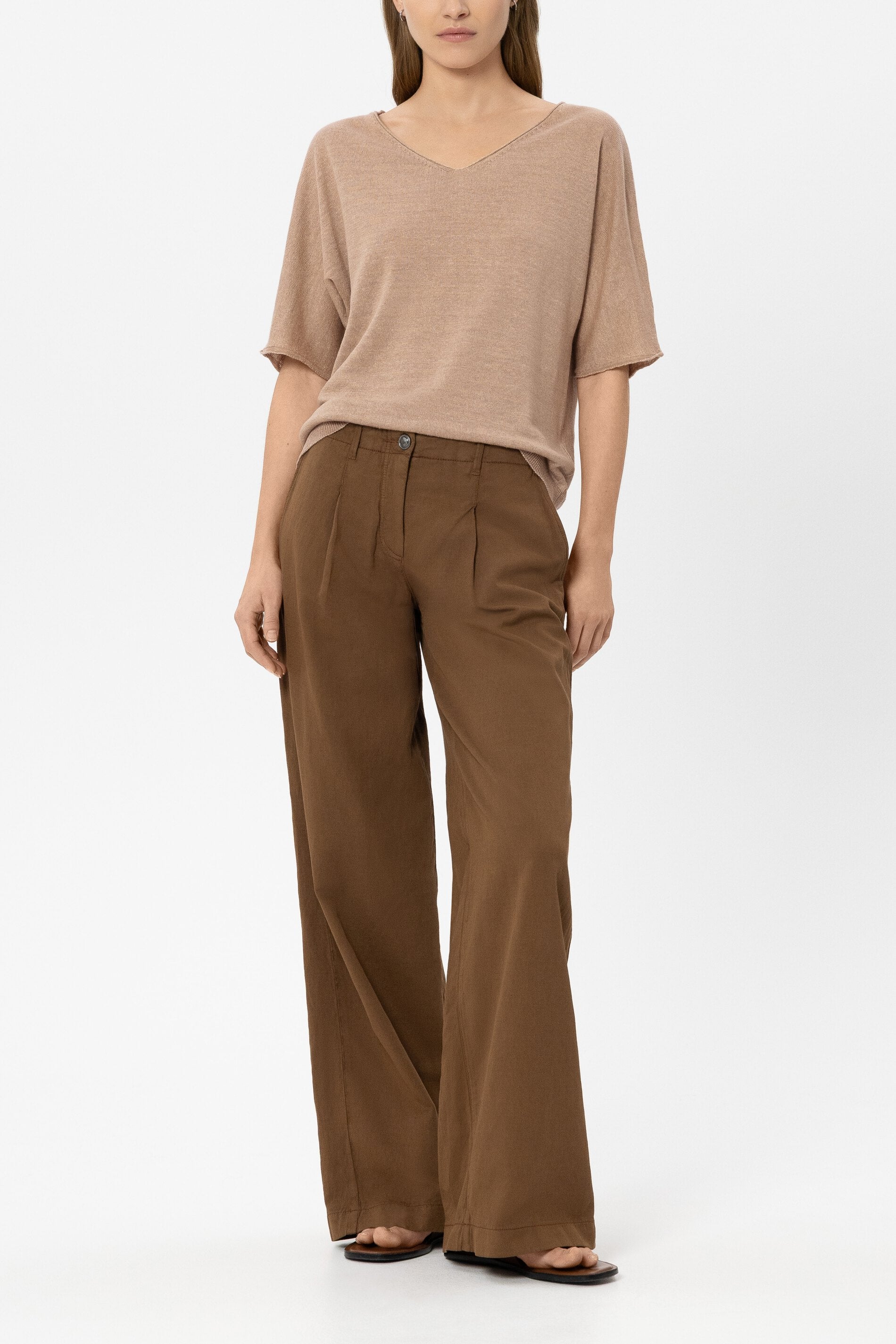 Linen sweater with V-neck - light terracotta - Standard