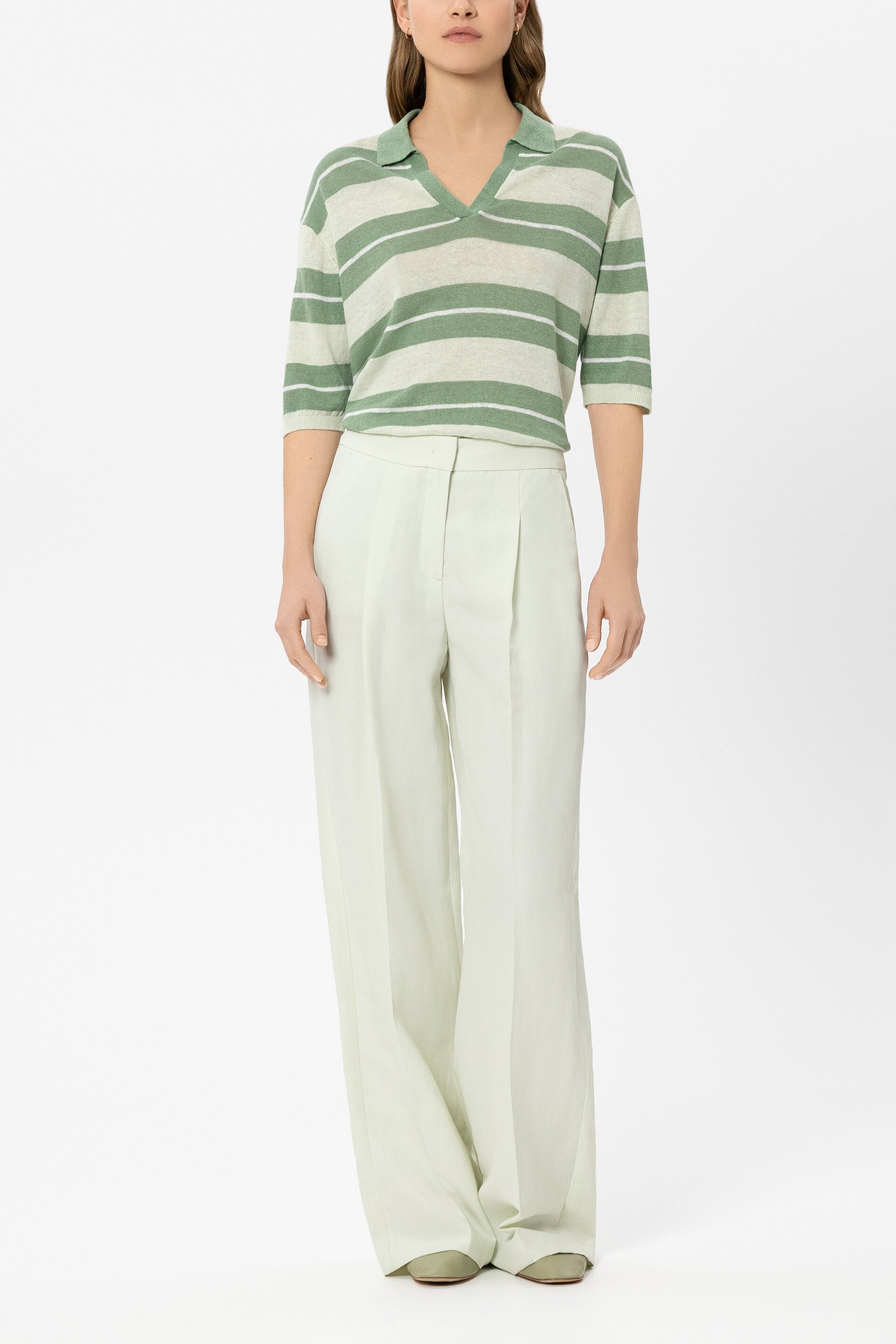 Leinen-Polo mit Preppy-Stripe - moss green / pistachio - Standard | Model Front