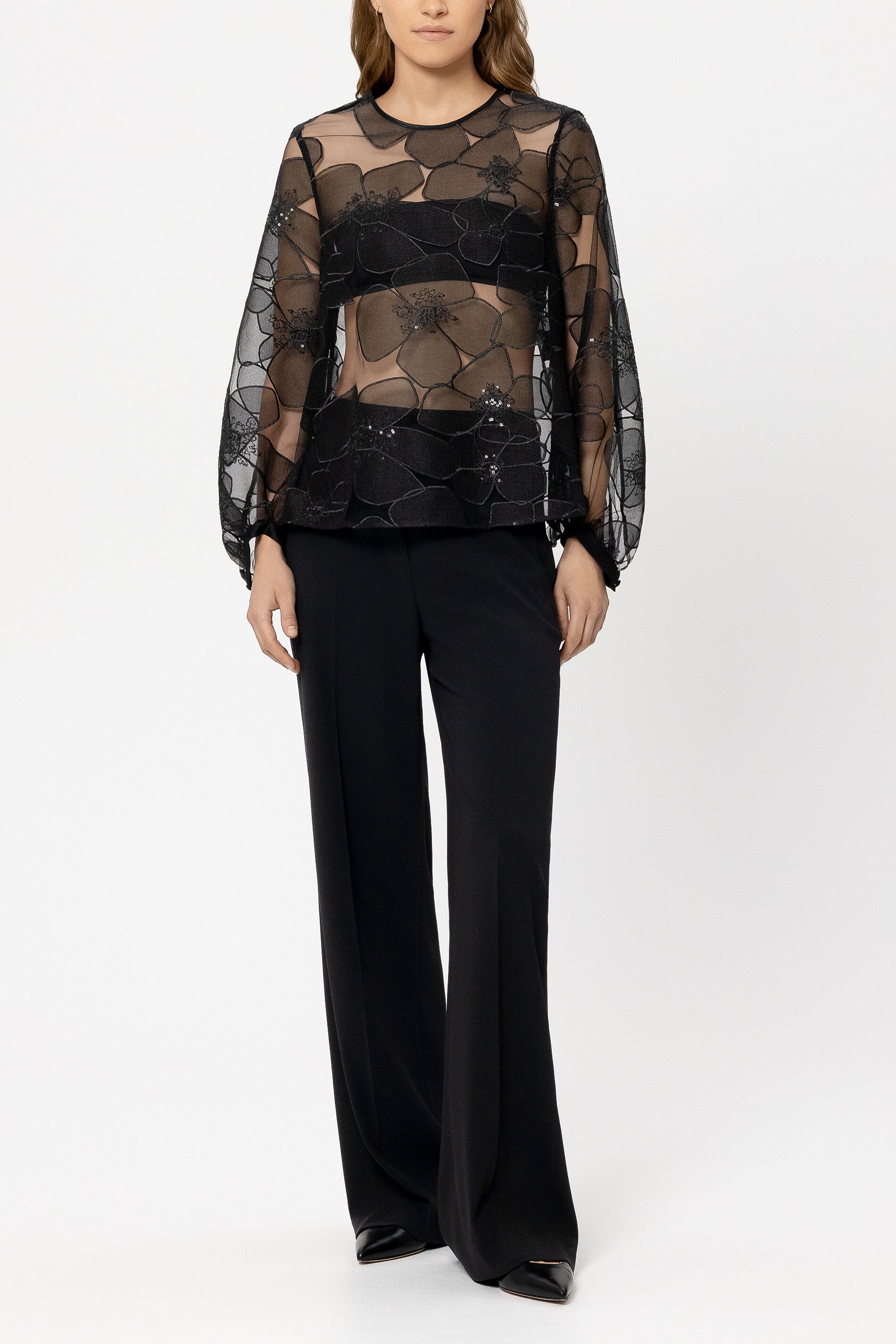 litmus Tulle blouse チュールブラウス / Black Tulle blouse with ruffles on the neck and cuffs in Black for Women