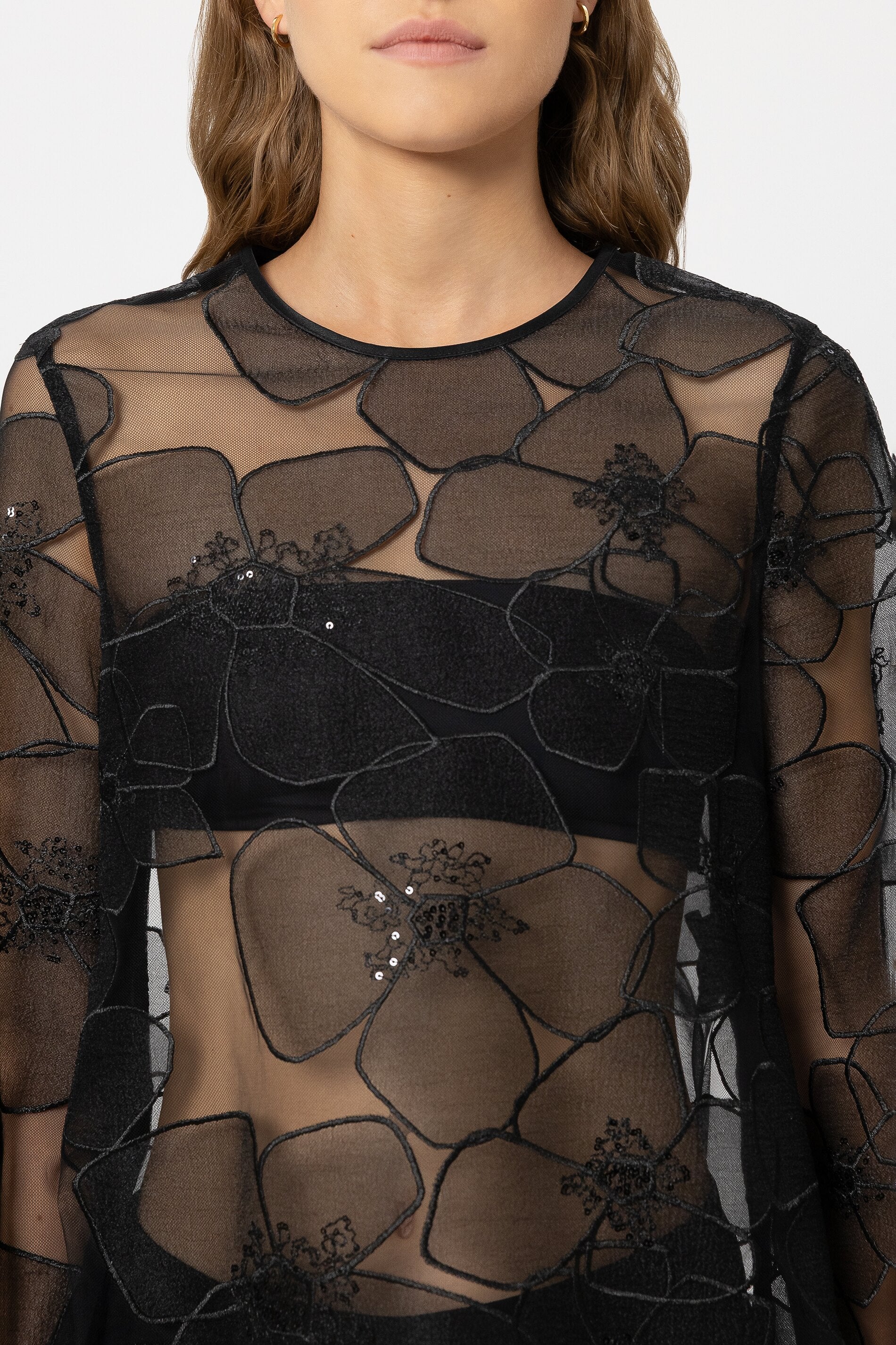 Tulle blouse with floral texture - black - Standard