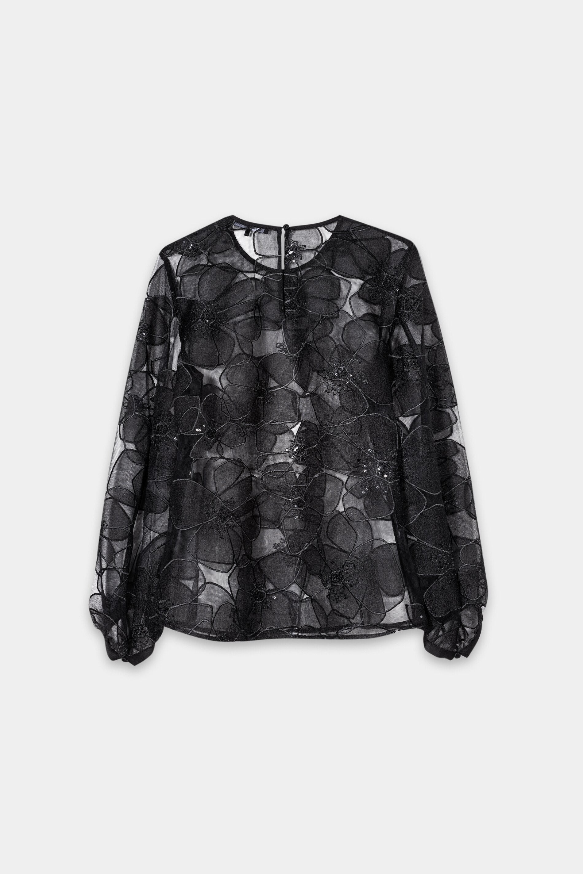 Tulle blouse with floral texture - black - Standard