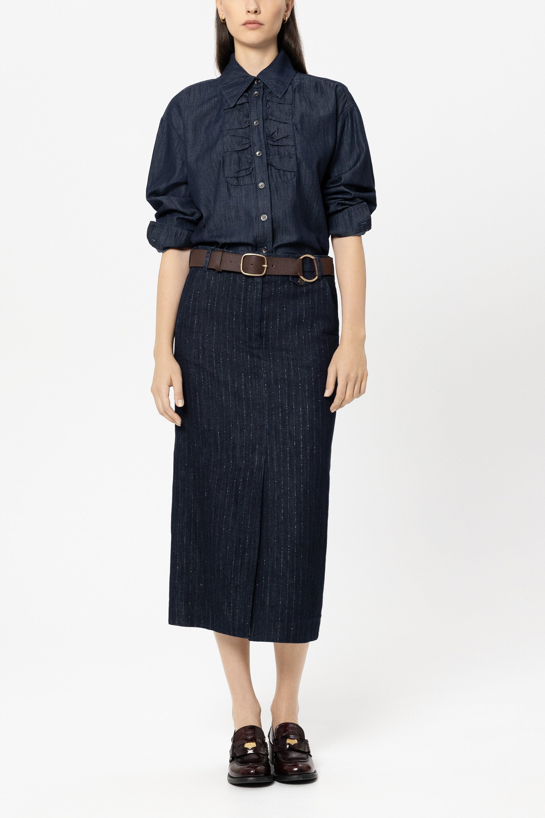 Denim-Hemdbluse mit Rüsche - denim blue - Standard | Model Front