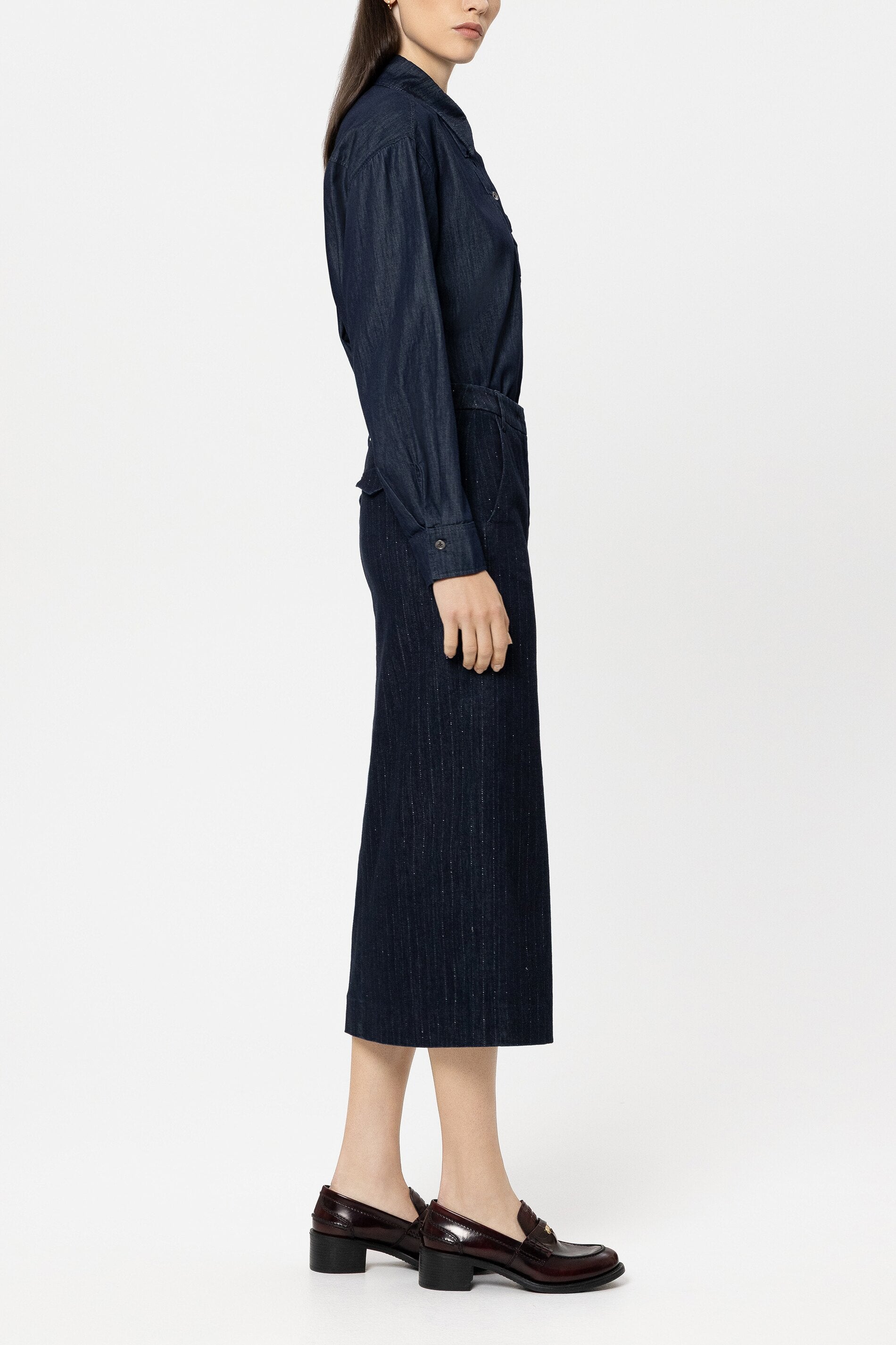 Denim-Hemdbluse mit Rüsche - denim blue - Standard | Model Seite