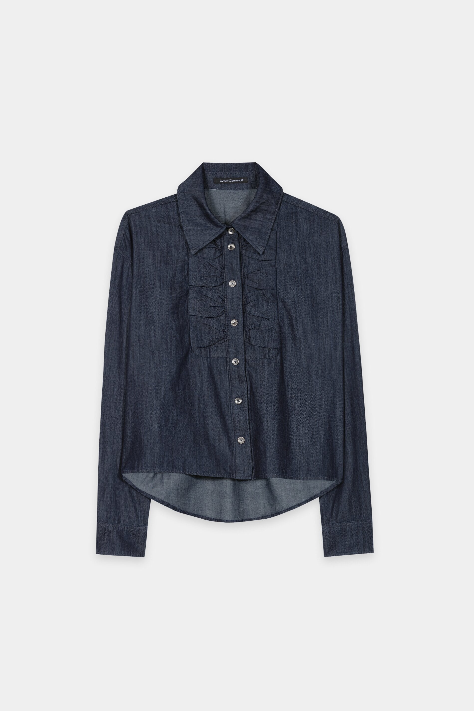 Denim shirt blouse with ruffle - denim blue - Standard