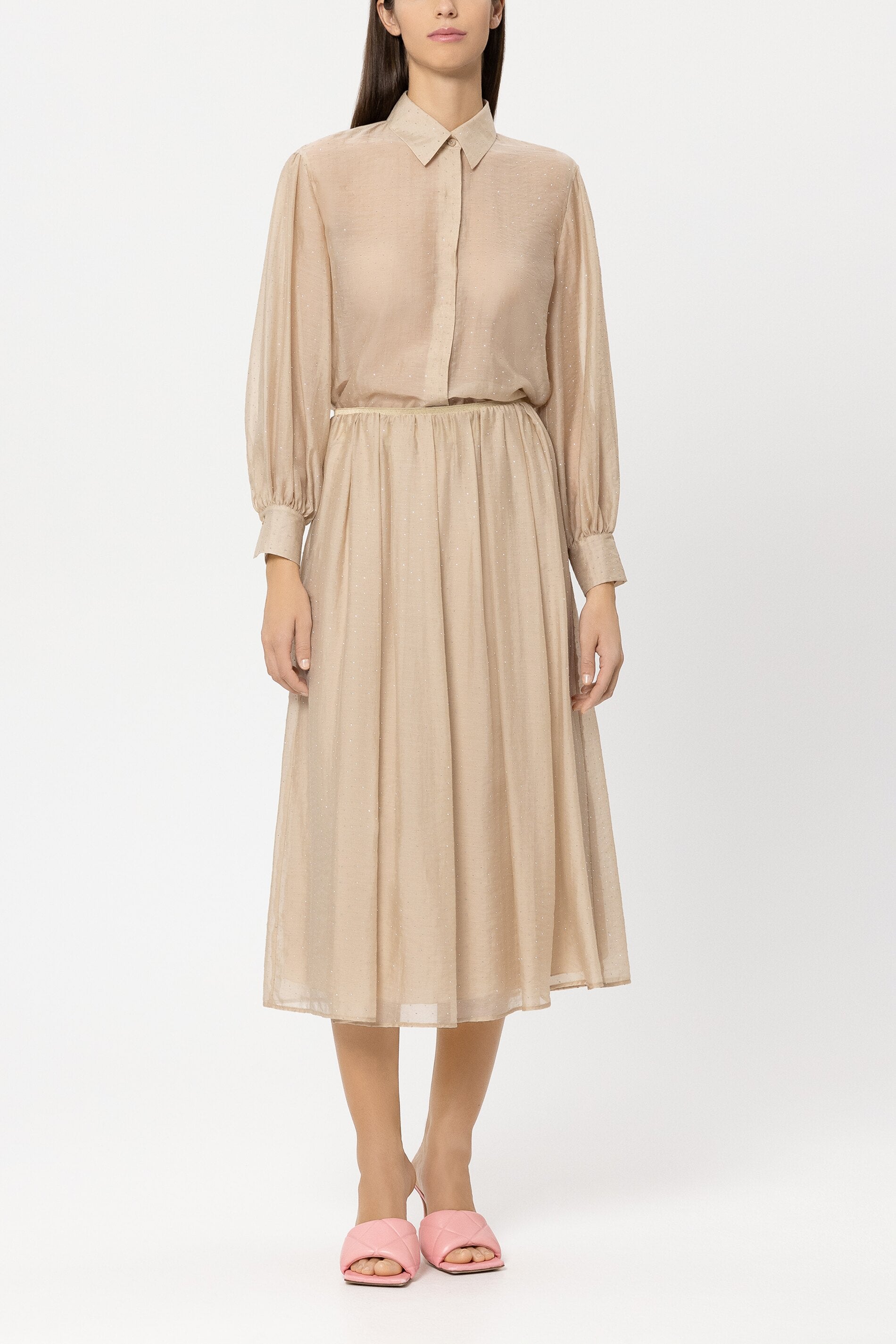 Hemdbluse mit Glitzersteinen - soft camel - Standard | Model Front