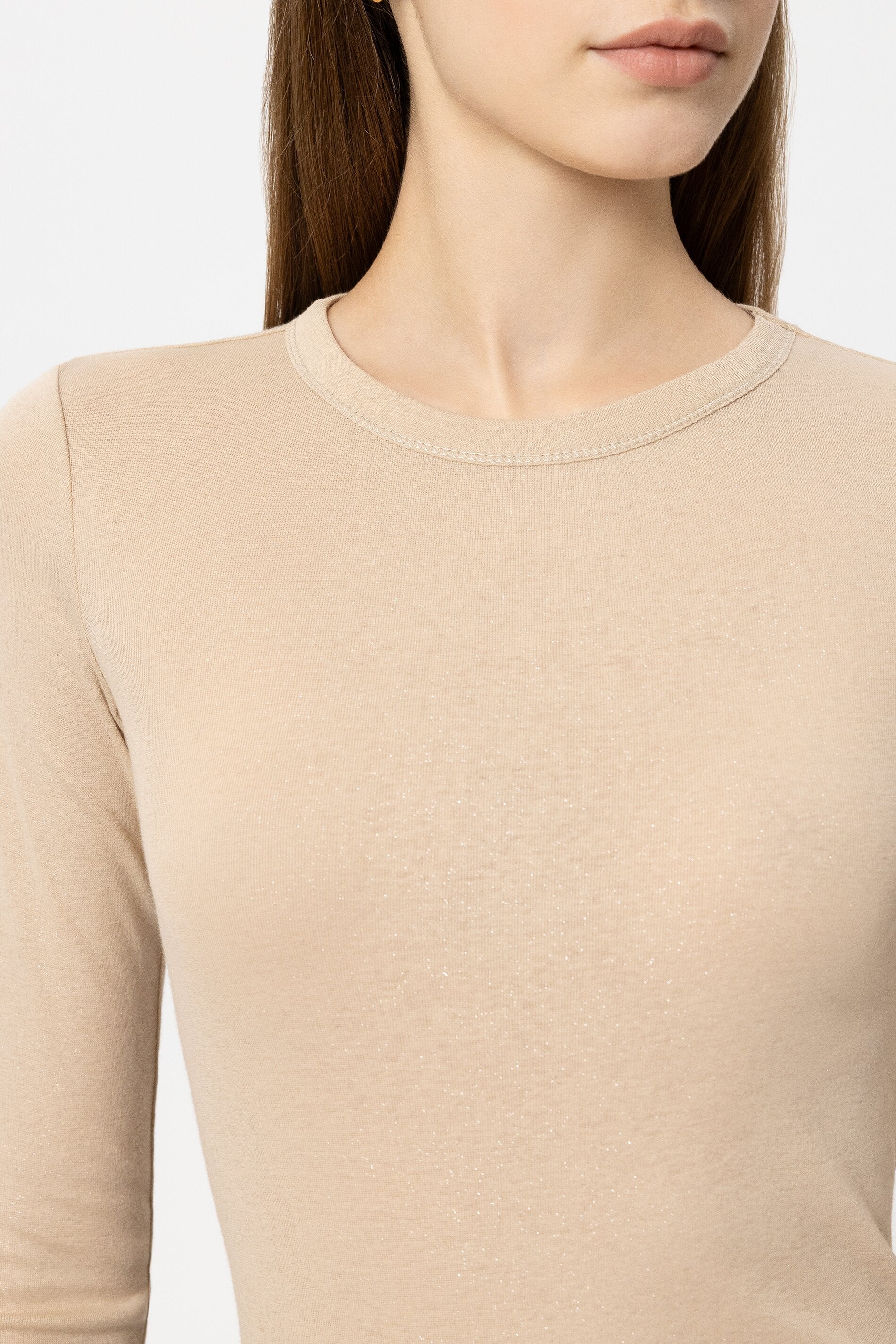 Glanz-Rundhalsshirt - soft camel - Standard | Model Detail