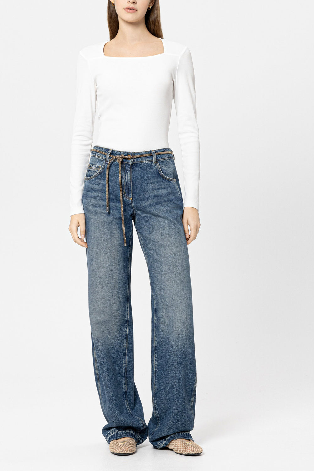 Ribbed shirt with square neckline - white - Standard