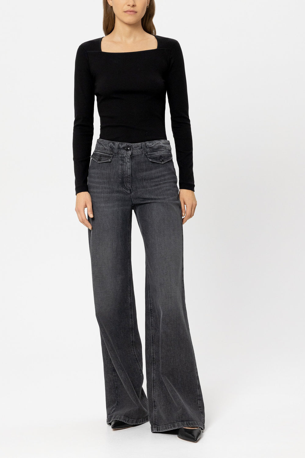 Ribbed shirt with square neckline - black - Standard