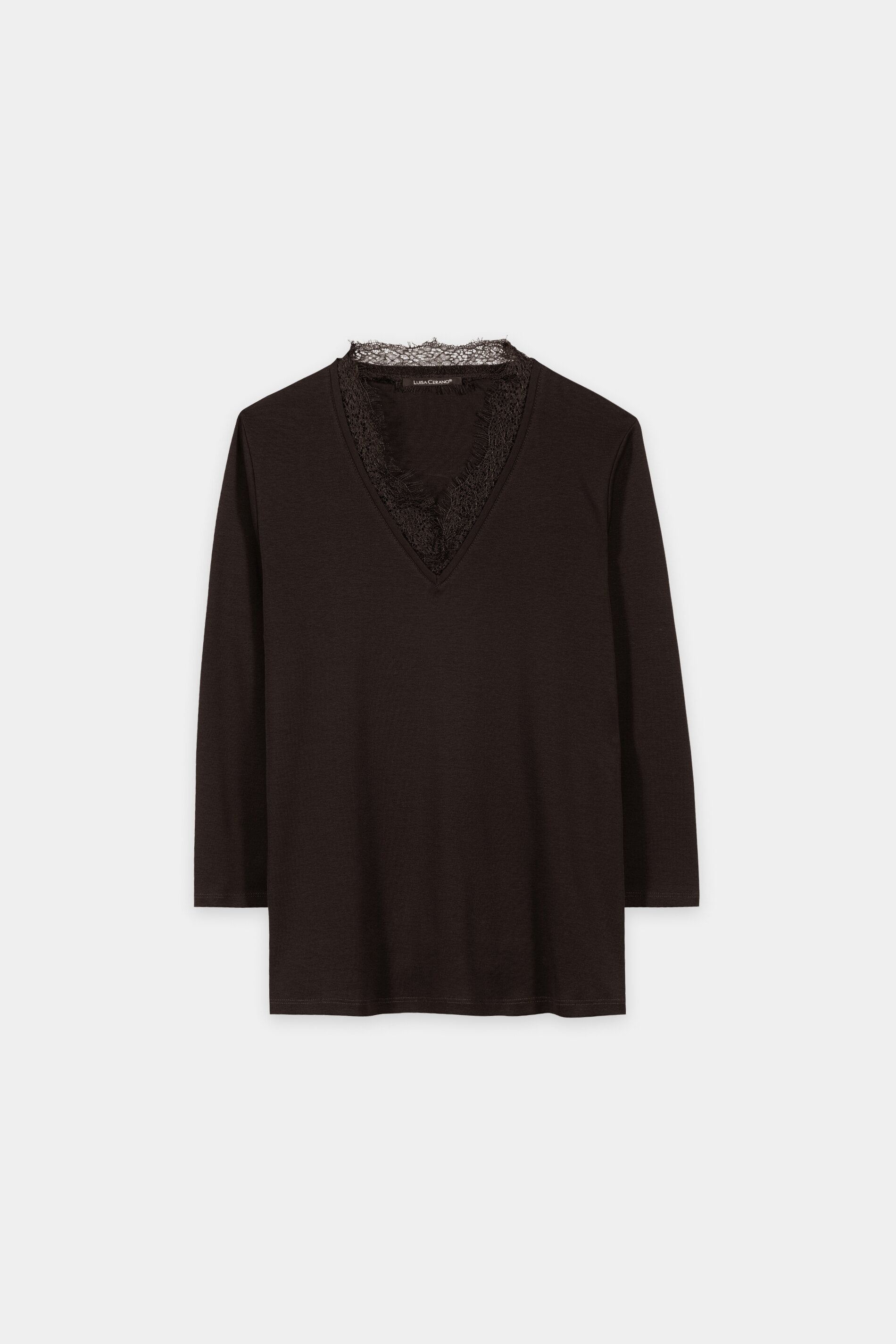 V-Neck-Shirt mit Spitze - truffle - Standard | Artikel Front