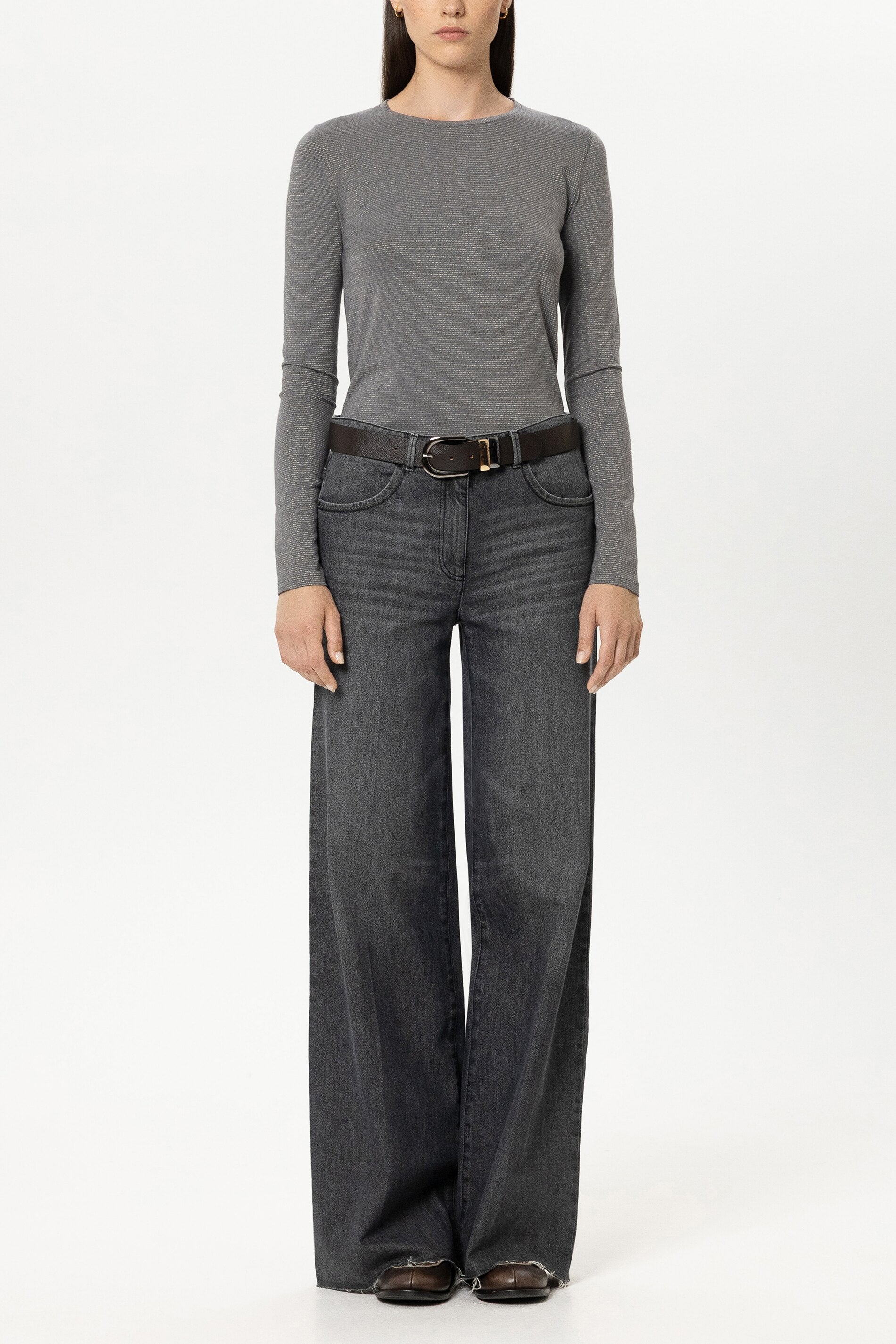 Lurex-Ringel-Shirt - heather grey - Standard | Model Front