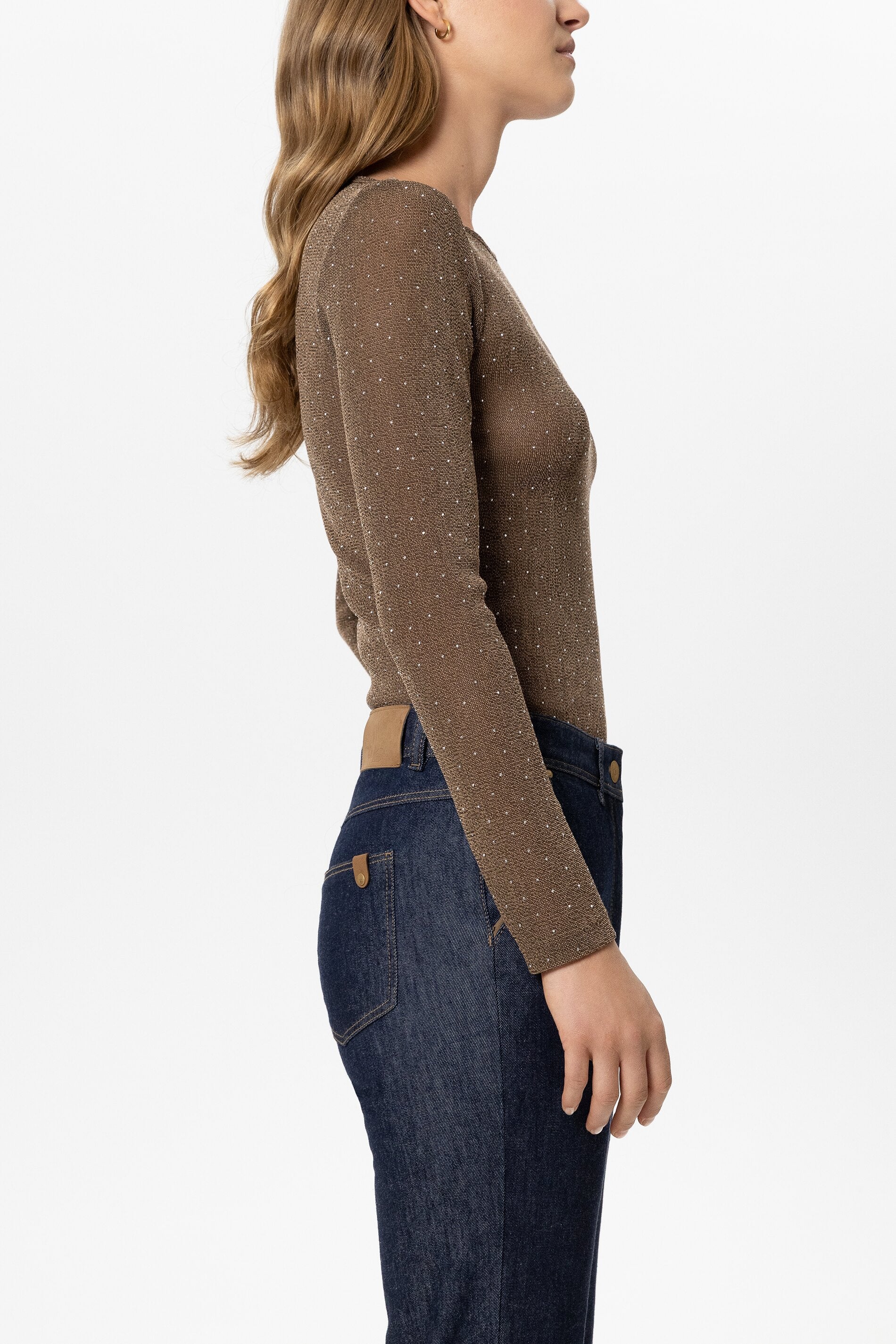 Glanz-Rundhals-Shirt - caramel - Standard | Model Seite