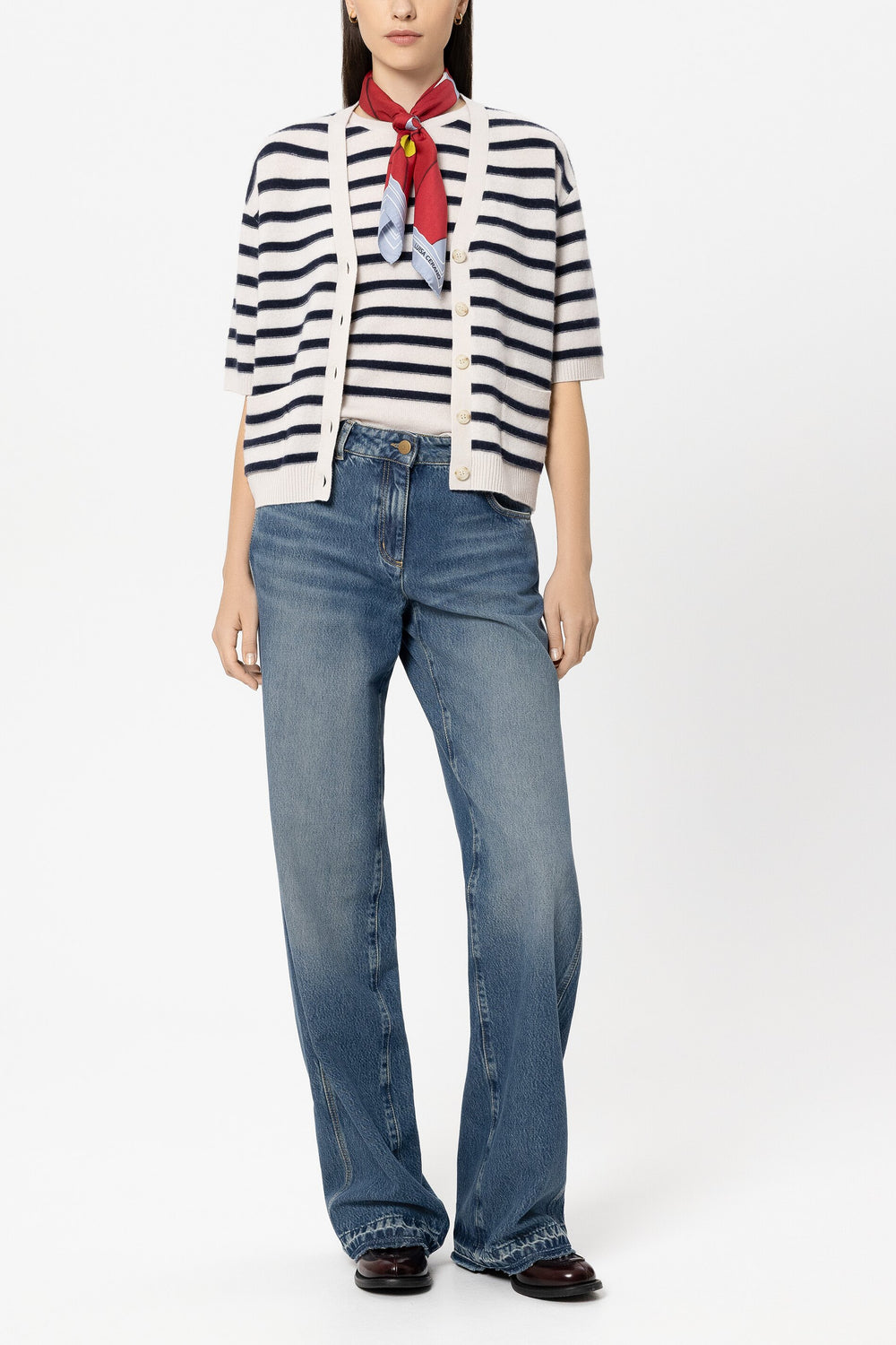 Cardigan aus Kaschmir-Mix - navy blue / cream - Standard