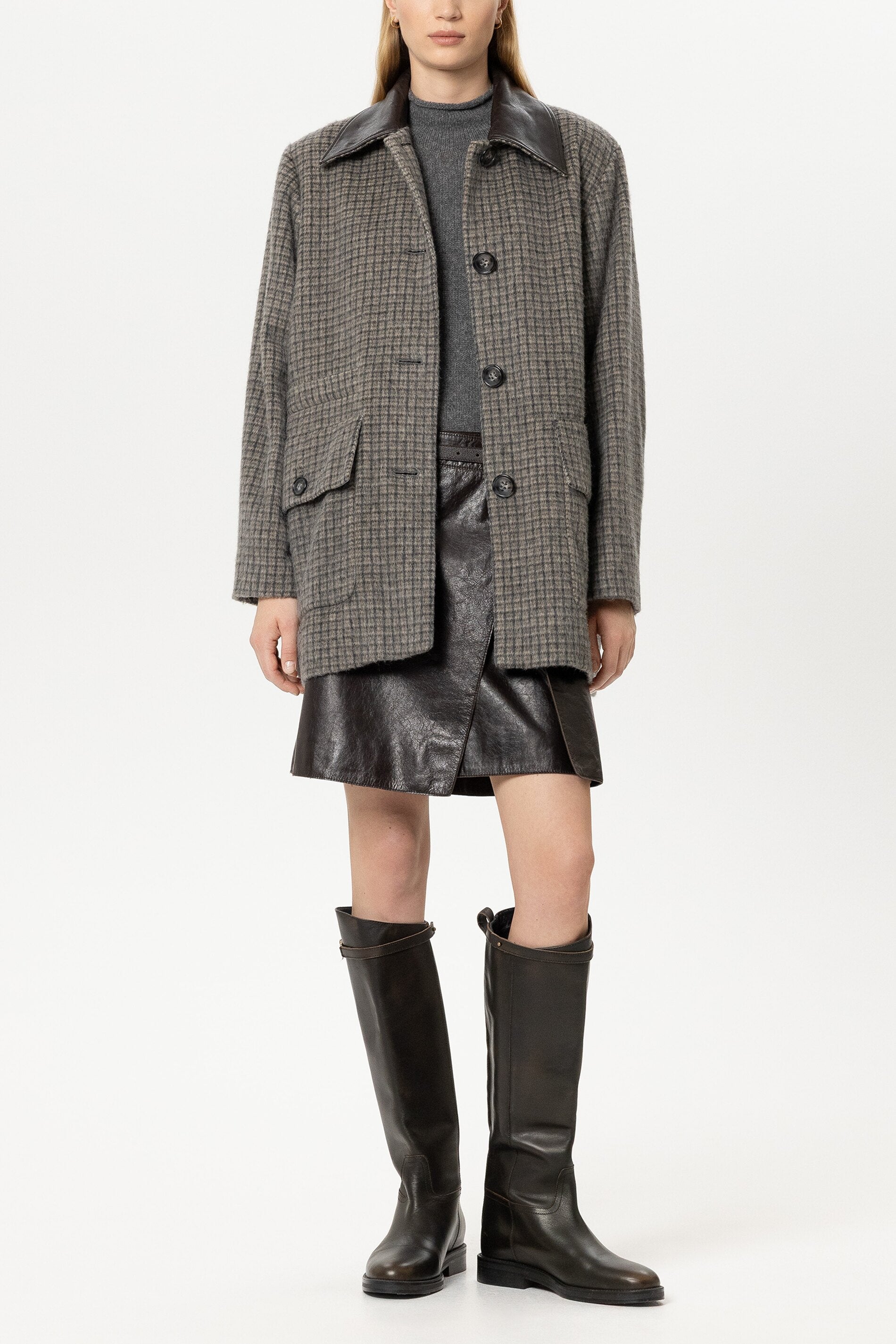 Karo-Kurzmantel aus Woll-Mix - heather grey - Standard | Model Front