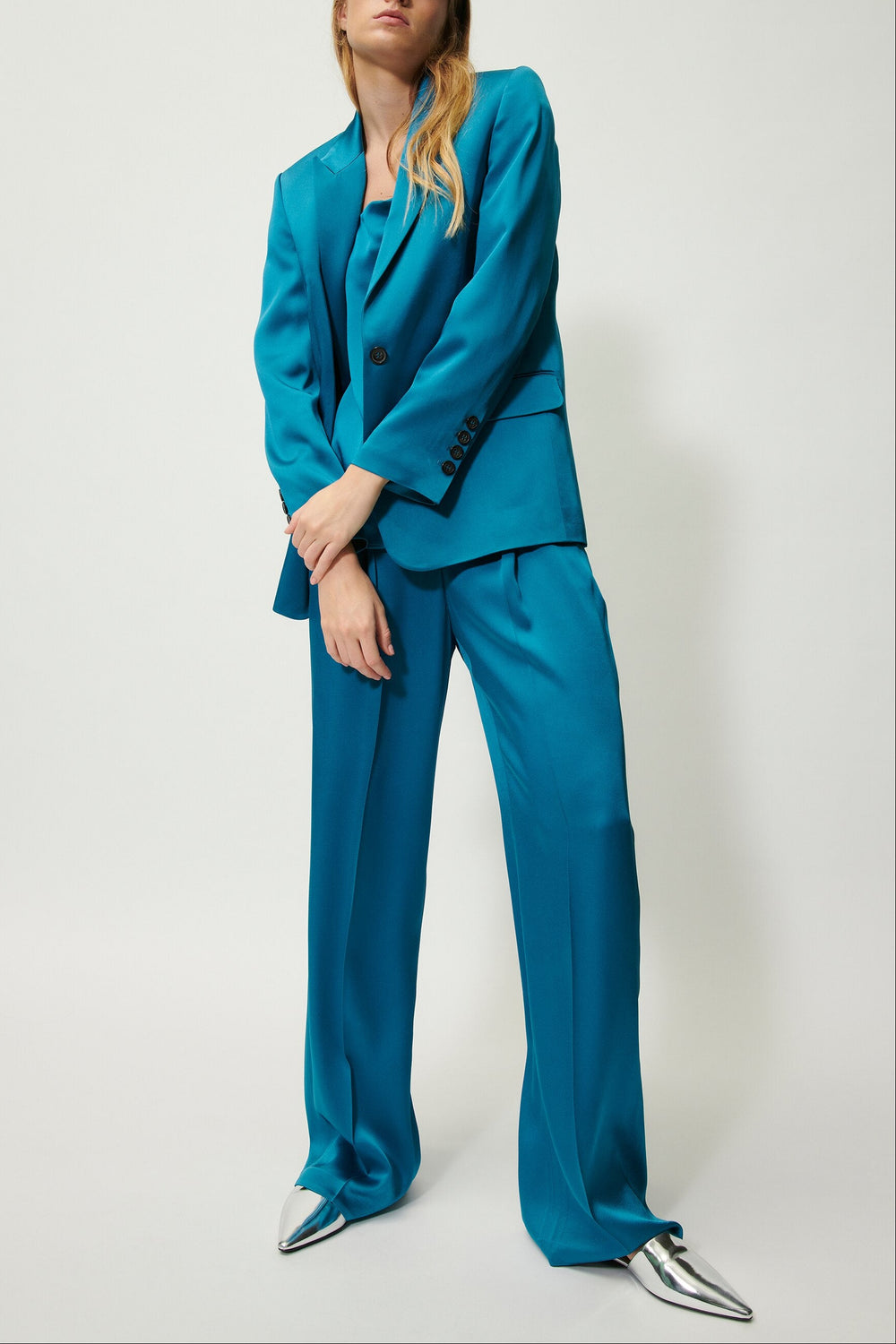 Satin-Ein-Knopf-Blazer - deep turquoise - Standard