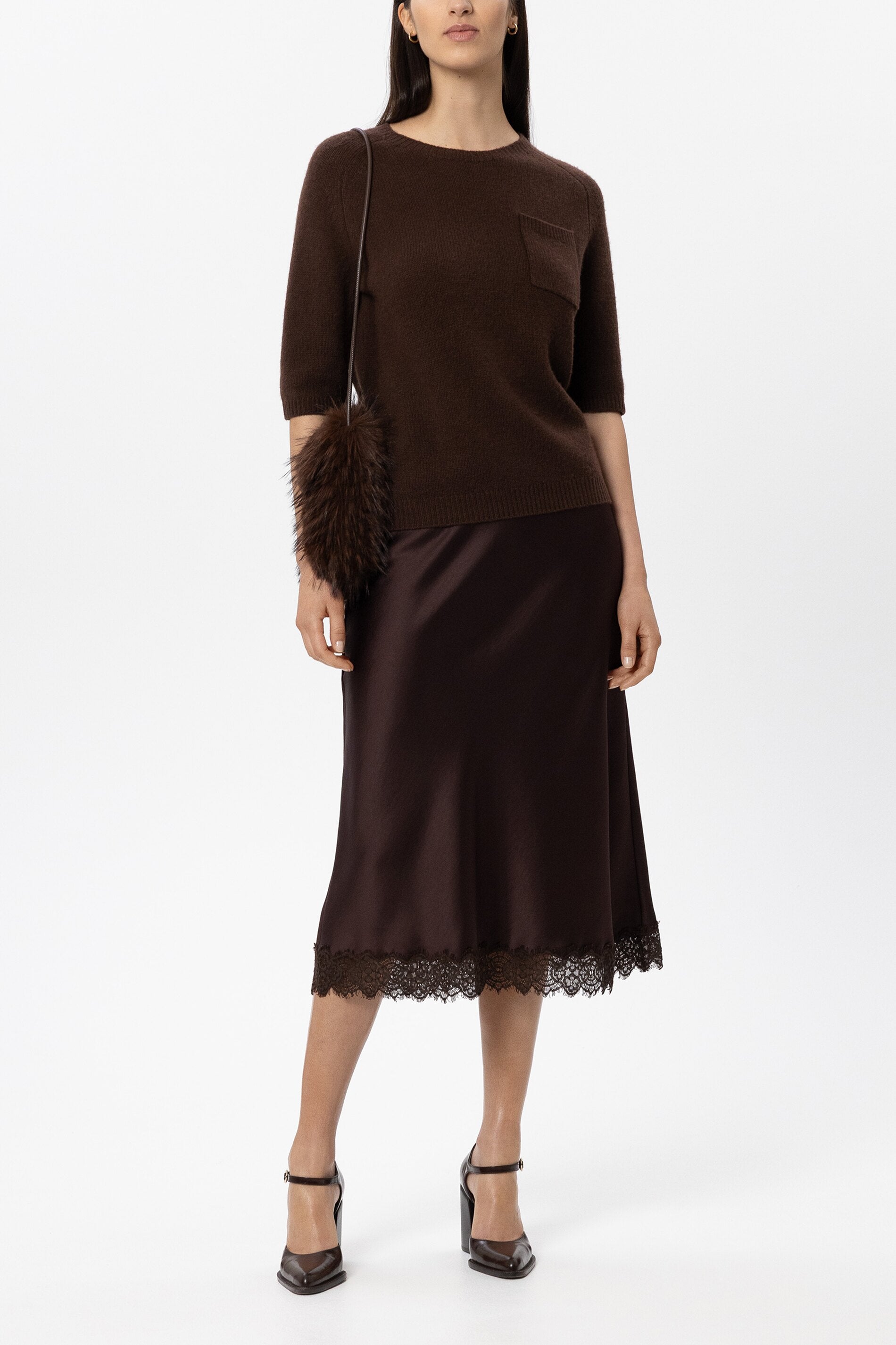 Satin-Rock mit Spitzendetail - marone - Standard | Model Front
