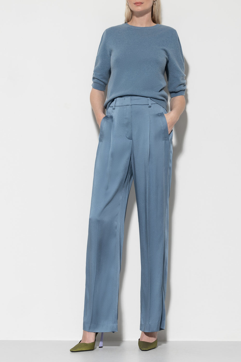 Satin-Wideleg-Pants - smoky blue - lange Version