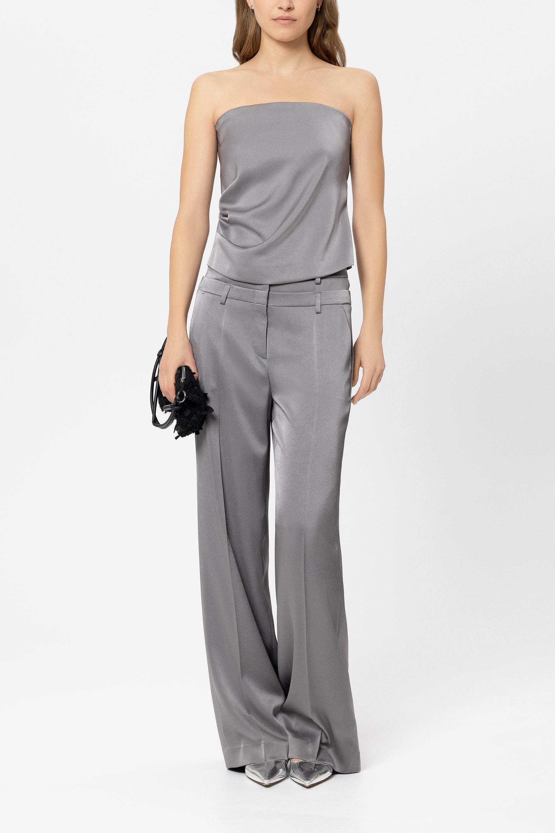 Wideleg-Pants mit Doppelbund - platin - Standard | Model Front