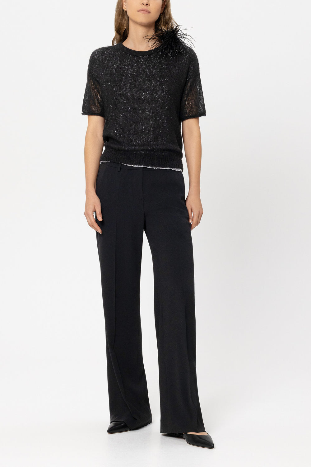 Wideleg pants with double waistband - black - Standard