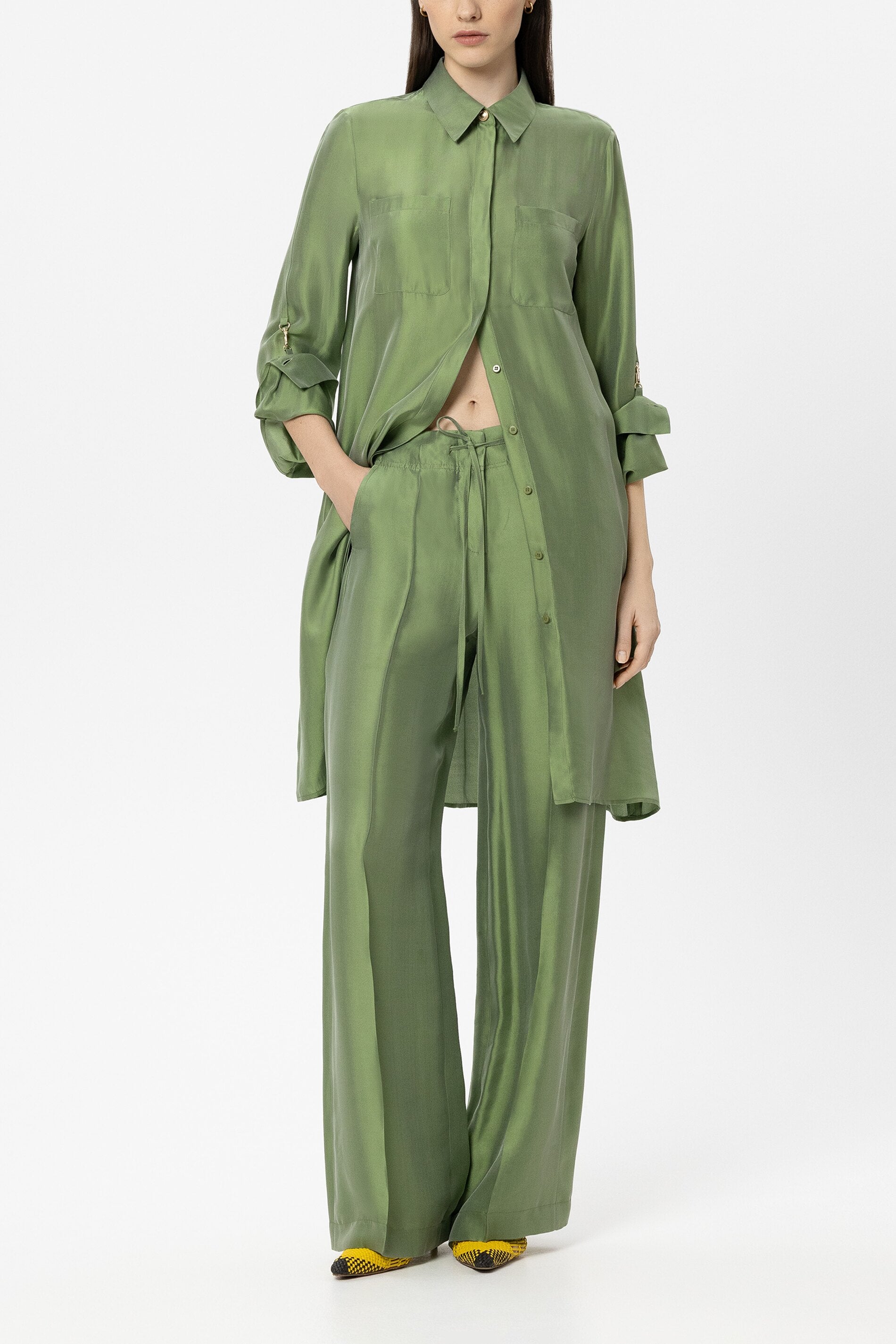 Silk-blend shirt dress - moss green - Standard