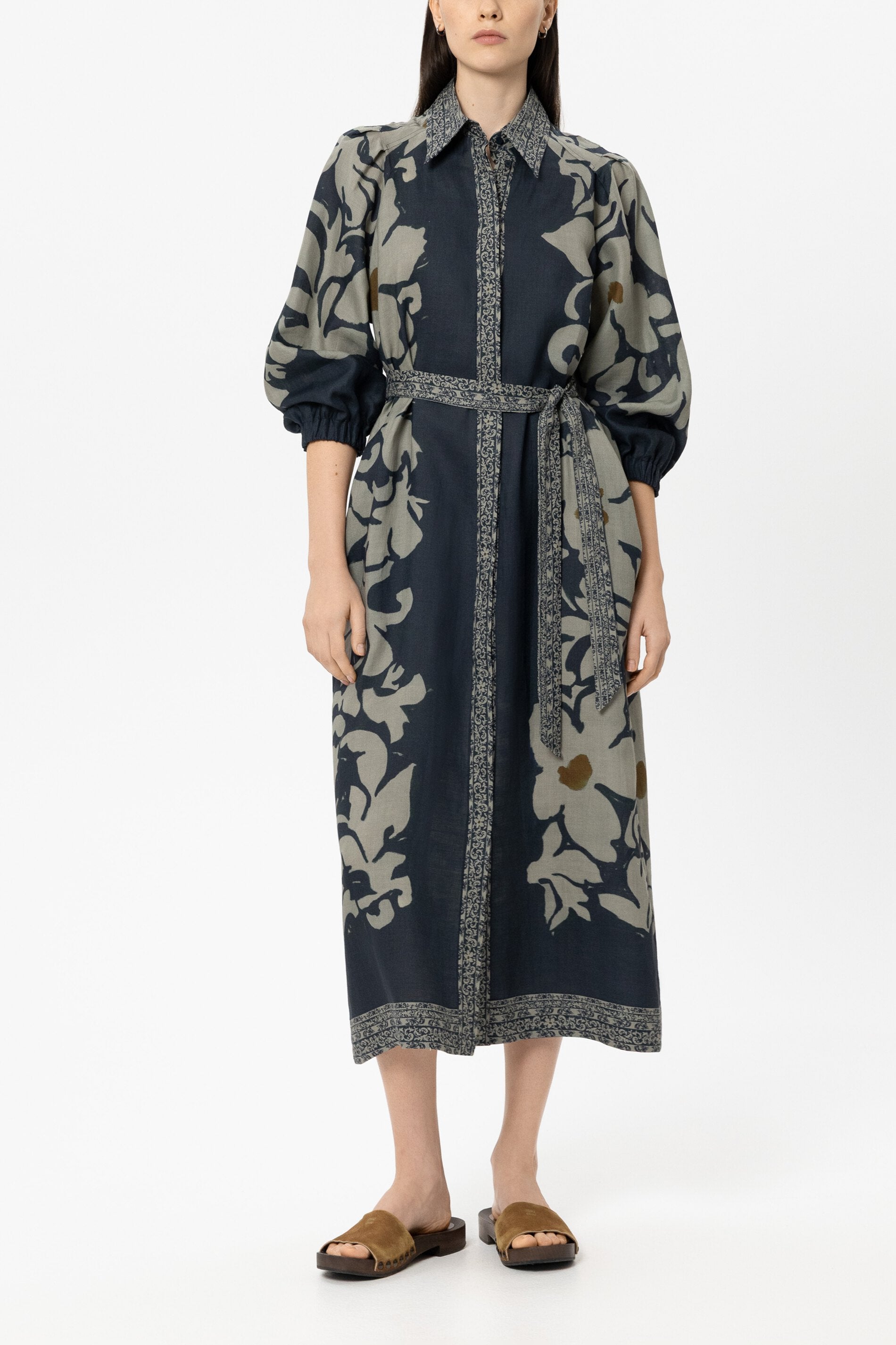 Ramie dress with flower print - tinted blue / multi - Standard