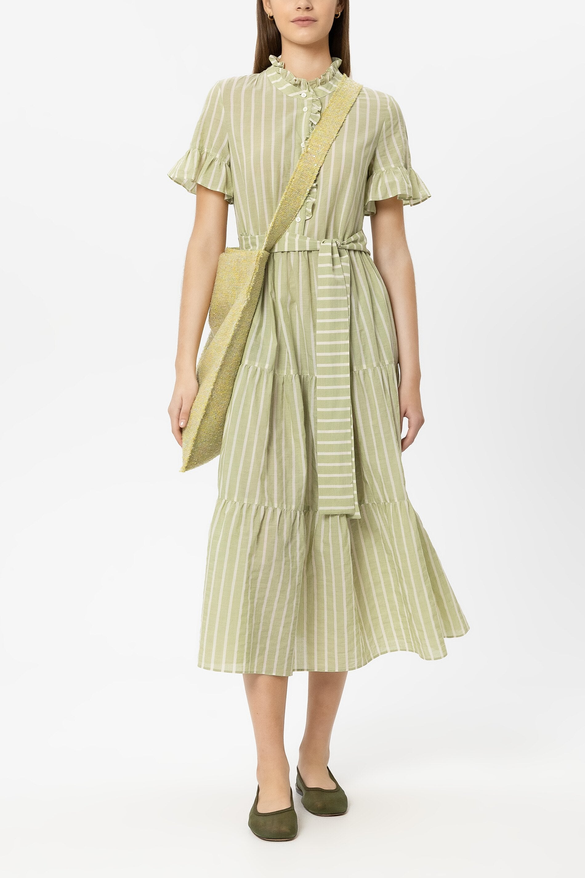 Maxi dress with voile stripe - moss green / milk - Standard