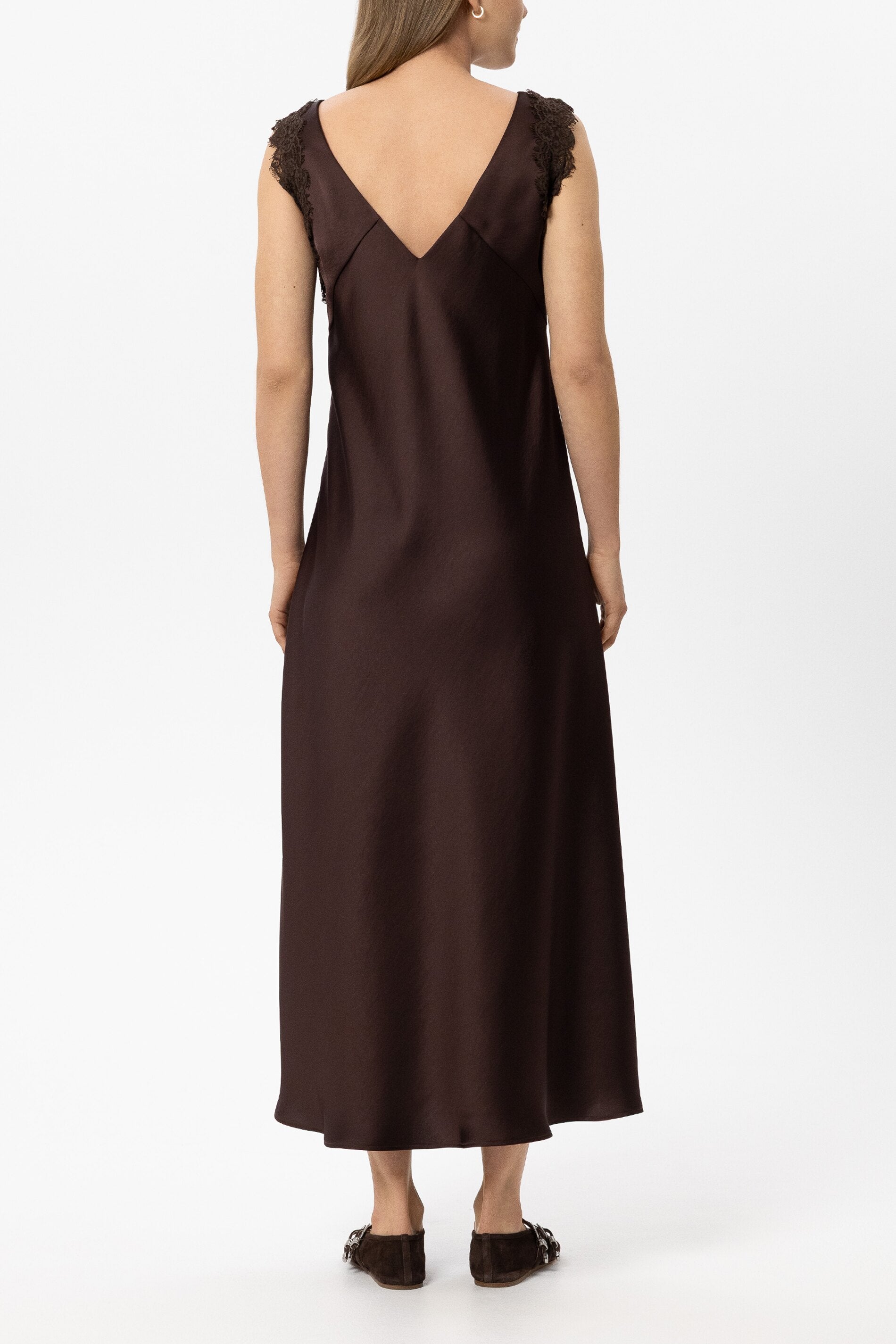 Satin-Kleid mit Spitzendetail - marone - Standard | Model Rück